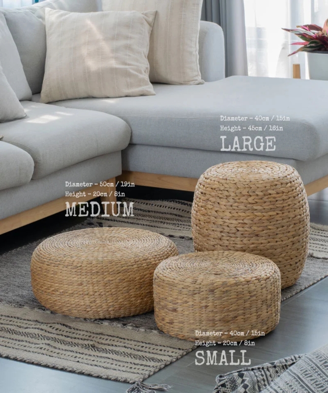 Pouf Water Hyacinth Material Chunky Braided Weave Natural Fiber Boho