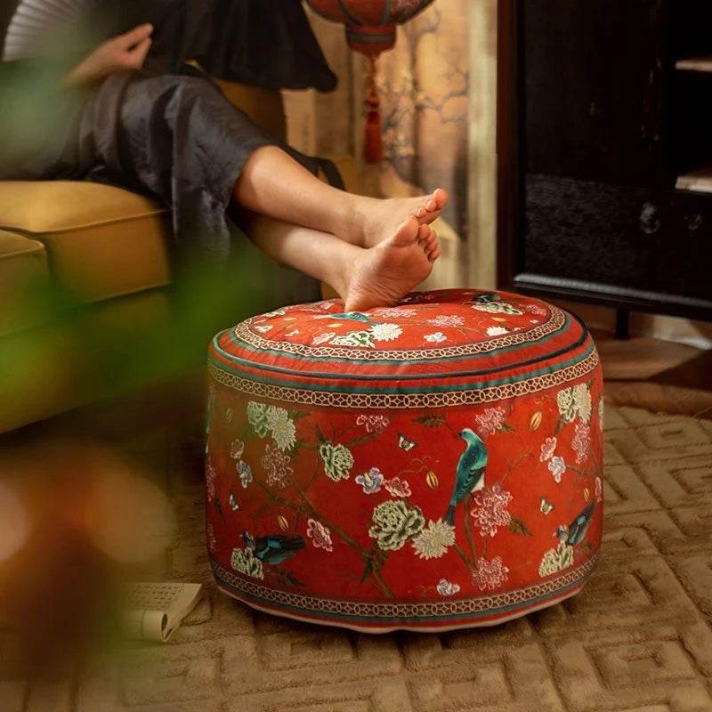 Pouf with Chinoiserie Embroidery and Tassel Fringe, Bold Red Seating