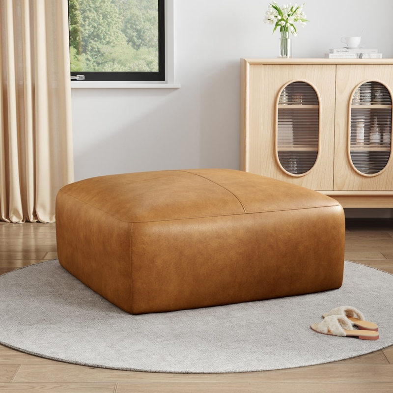 Pouf with Decorative Cross Stitching and Cognac Leather-Like Finish