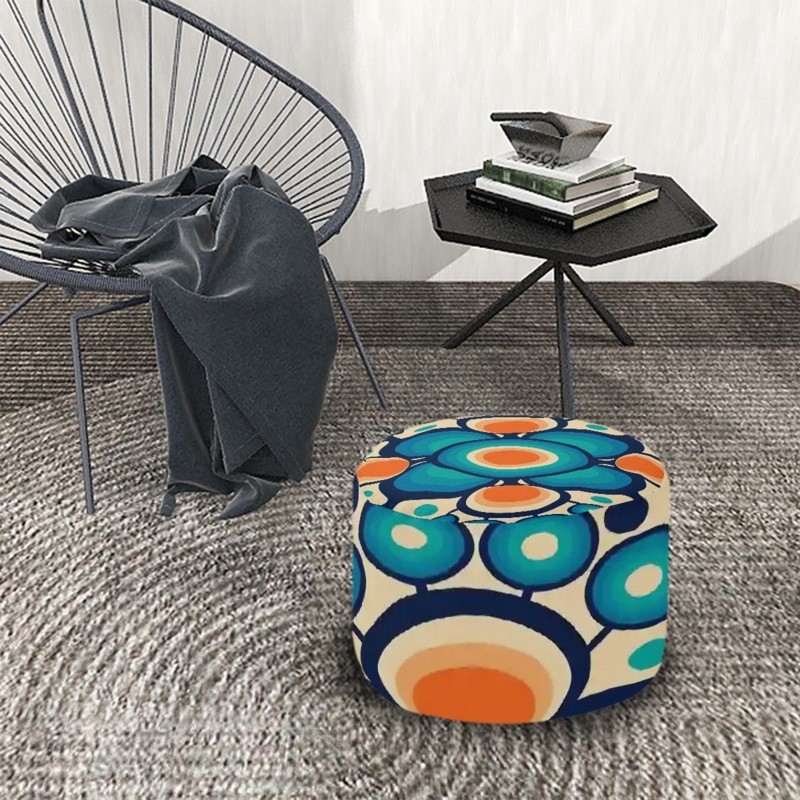 Pouf with Overlapping Orb Pattern, Mid-Century Modern Accent Seating