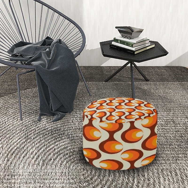 Pouf with Spherical Silhouette and Retro Geometric Pattern, Orange