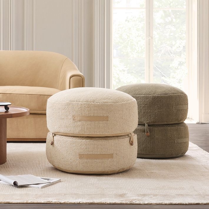 Pouf with Stacked Design: Green Two-Tone Wood Base Scandinavian Accent