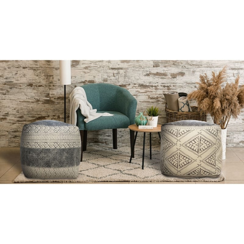Pouf Woven Fabric Tribal Footstool with Hand Woven Look