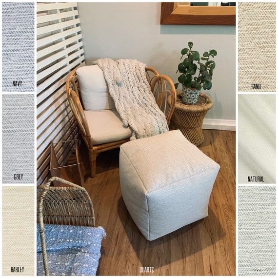 Pouf, Woven Texture, Cube Shape, Taupe, Modern Farmhouse Style