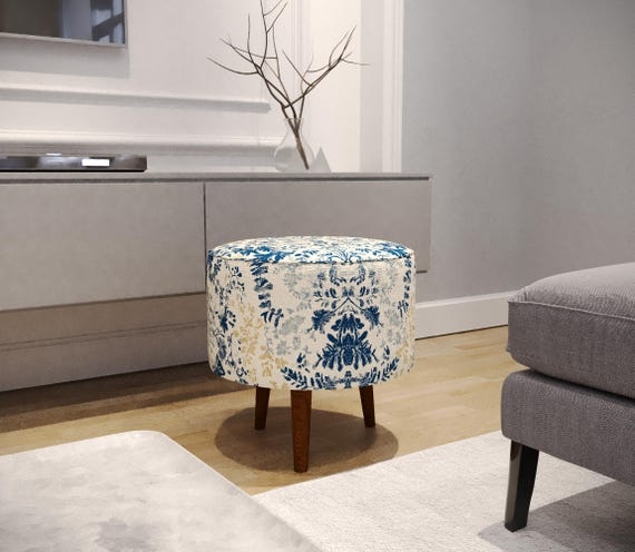 Pouf Woven Texture Dark Wood Stand Off White Minimalist