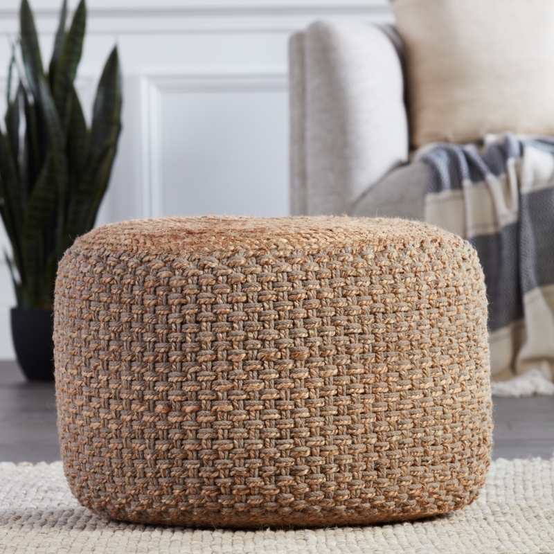 Pouf Woven Trellis Pattern Braided Rope Trim Navy White Coastal Accent