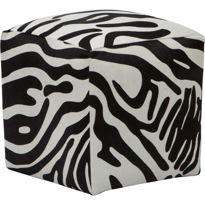 Pouf Zebra Print Drum Silhouette Textured Cowhide Floor Ottoman