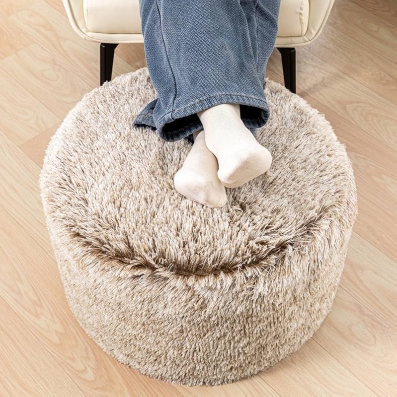 Pouffe Brown Mottled Snow Coffee Faux Fur Round Stool