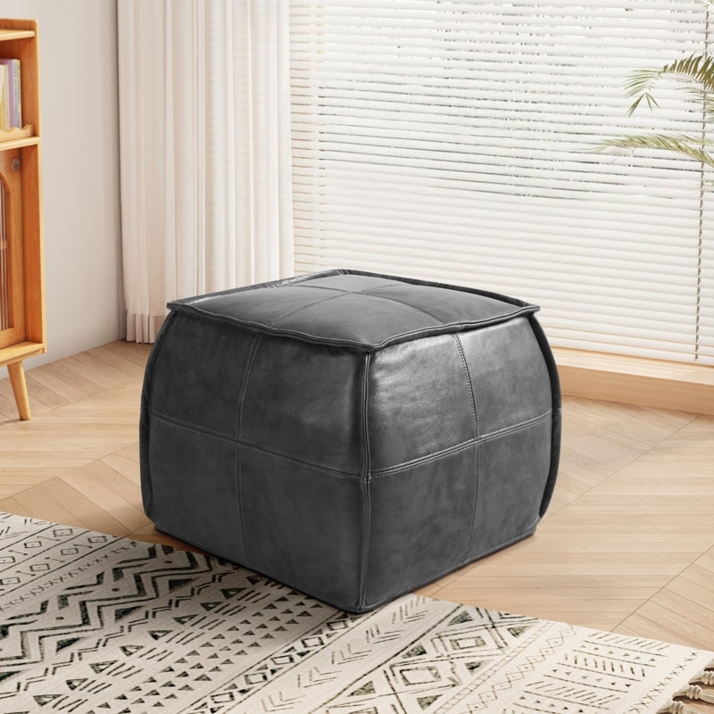 Pouffe Ottoman Charcoal Grey Square Hand-Stitched Floor Pouf