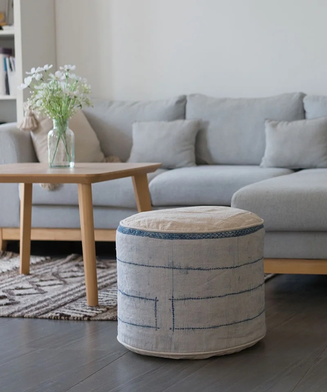 Pouffe Ottoman Ethnic Tribal Fabric Ivory Blue Geometric