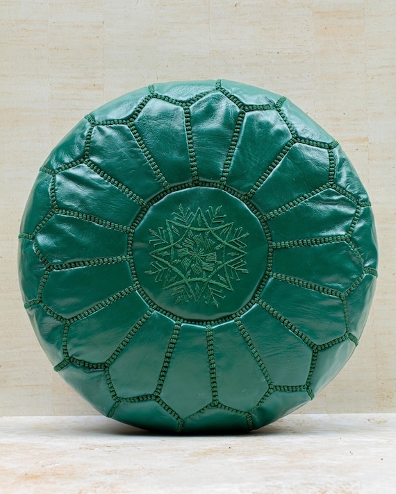 Pouffe Round Moroccan Leather-Look Geometric White Embroidery