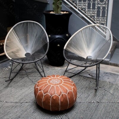 Pouffe Round Tan Leather-Like Intricate White Embroidery Boho