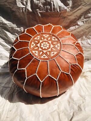 Pouffe Round Tan Leather-Look Embroidered Motif Segmented Panels