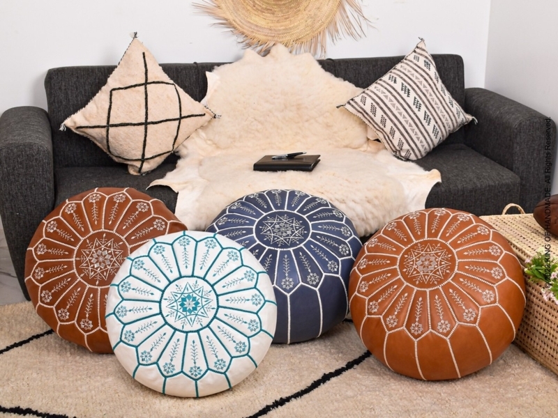Pouffe Tan Leather Like Medallion Embroidery Moroccan Style