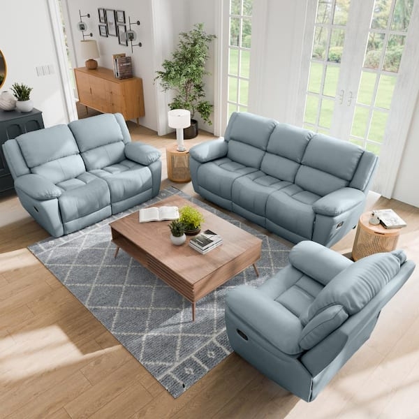 Powder Blue Leather-Like Reclining Living Room Set with Pillow Arms