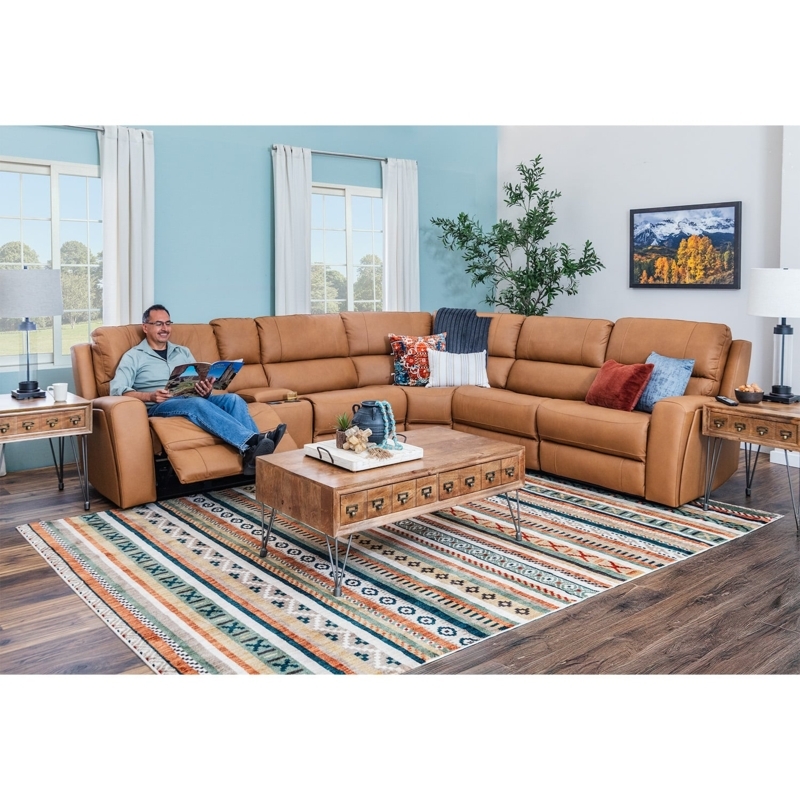 Power Recline Sectional Cocoa Leather Console Spacious