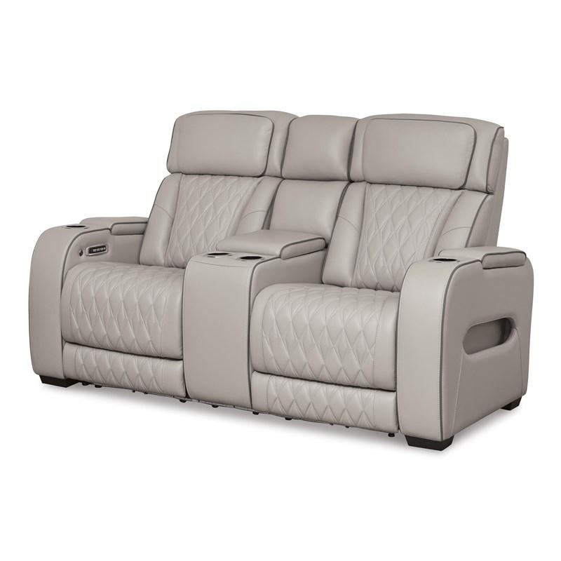 Power Reclining Loveseat featuring Heathered Texture and Console