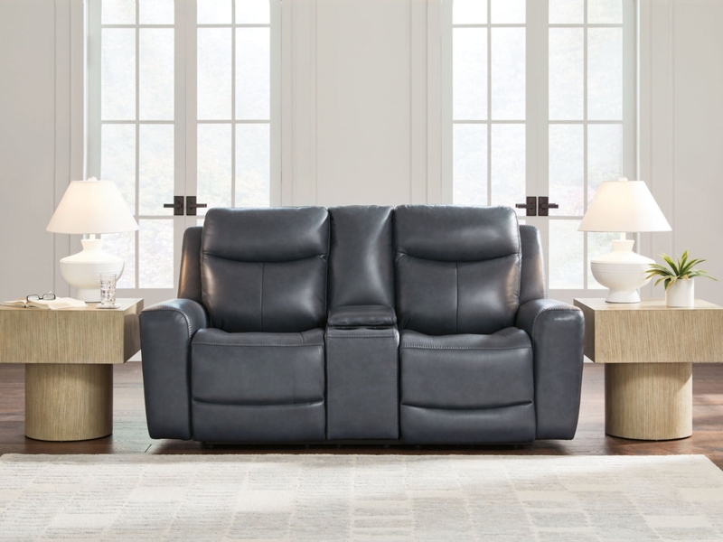 Power Reclining Loveseat with Contrast Stitching and Console