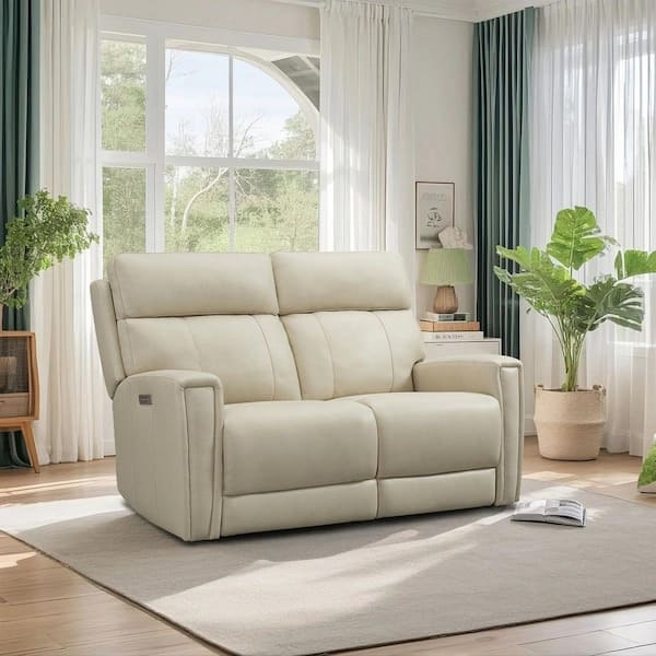 Power Reclining Loveseat with Slim Metal Legs in Cream Leather-Like