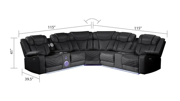 Power Reclining Sectional Matte Black Faux Leather with Built-in Console