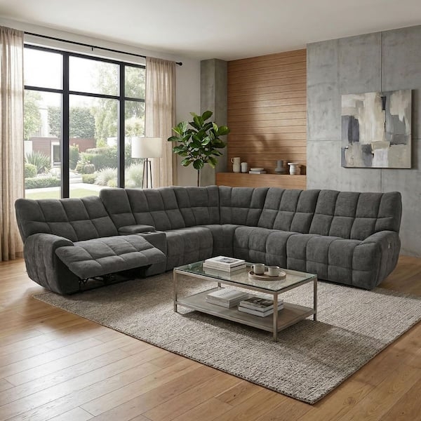 Power Reclining Sectional Sofa Dark Gray Chenille with Cup Holders