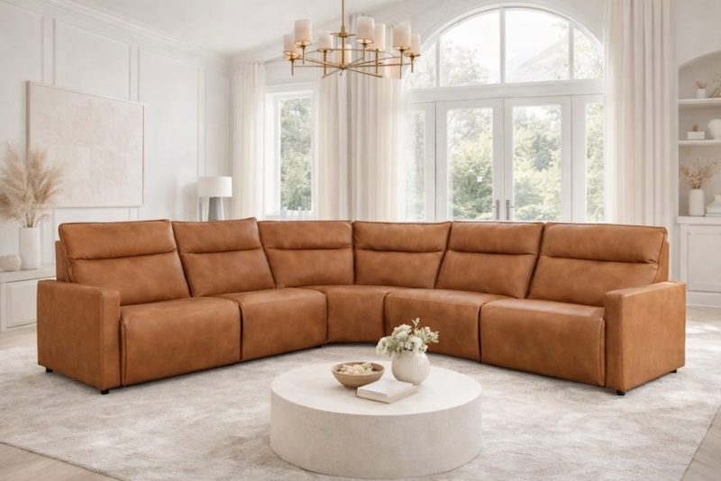 Power Reclining Sectional Sofa, Saddle Brown with Pillowed Arms