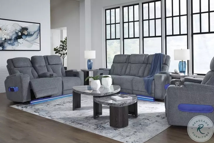 Power Reclining Sofa with Blue LED Accents and Charcoal Fabric