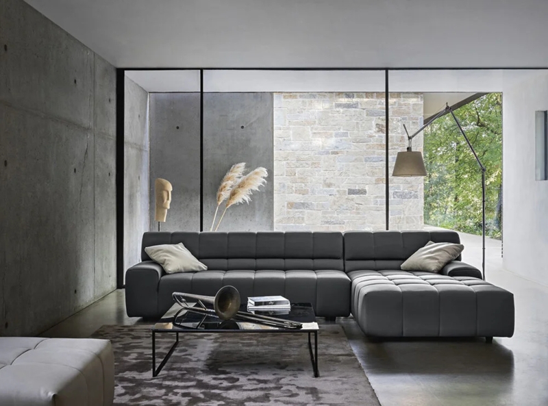 Quilted Fabric Sectional Sofa: Light Gray Square Grid Texture