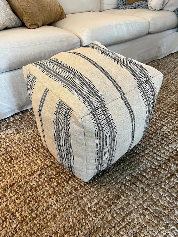 Railroad Stripe Cube Pouf in Beige and Black, Farmhouse Seating
