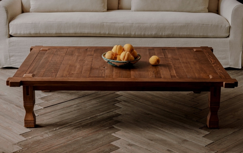 Reclaimed Wood Coffee Table aesthetic. Chunky Low Profile, Dusky Pine.