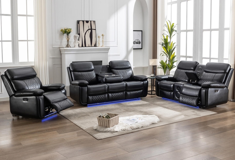 Recliner Sofa Set Power Black Integrated Speakers LED Lighting