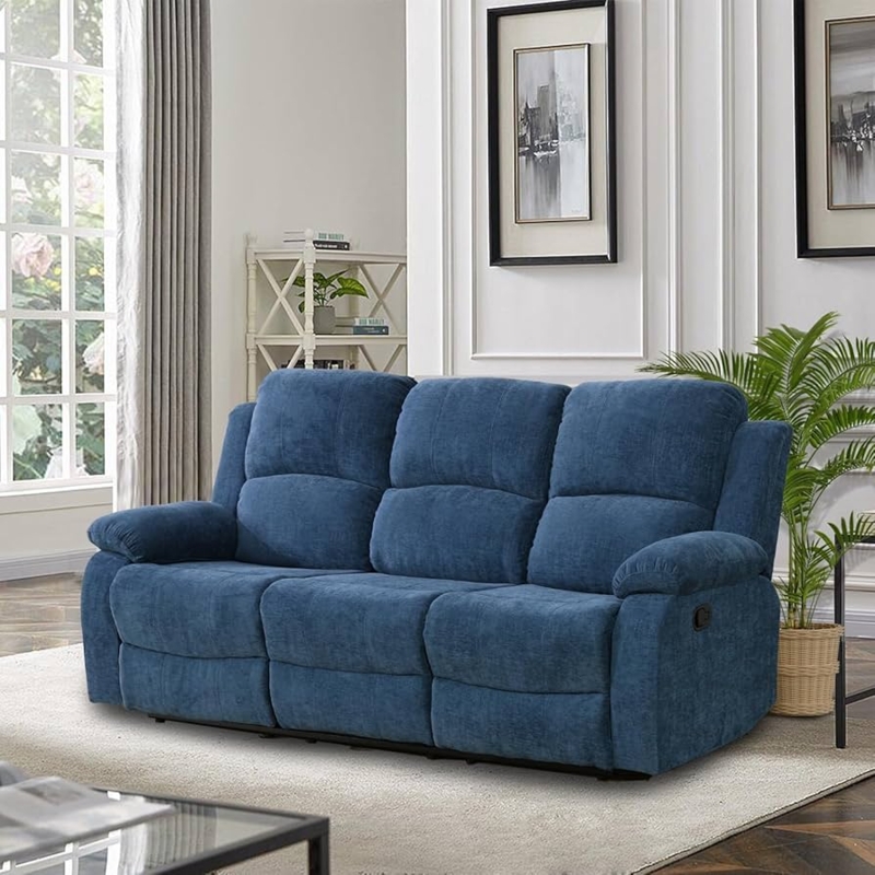 Recliner Sofa with Blue Flannel Upholstery and Tufted Back Detail