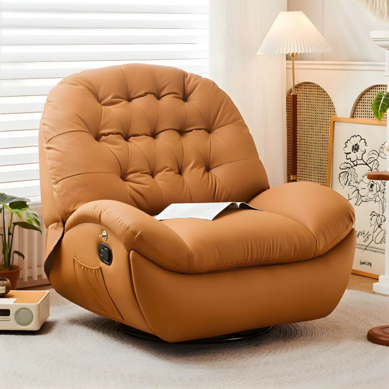Recliner Tan Leather-Like Ergonomic Silhouette with Integrated Side Pocket