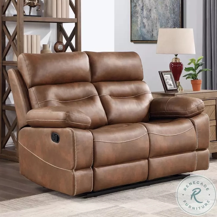 Reclining Loveseat, Chestnut Leather-Like, Channel Tufting, Pillow Arms