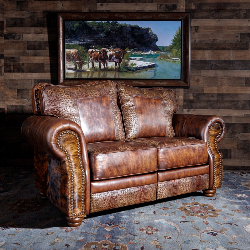 Reclining Loveseat, Crocodile Embossed Leather-Like, Nailhead Trim Rustic