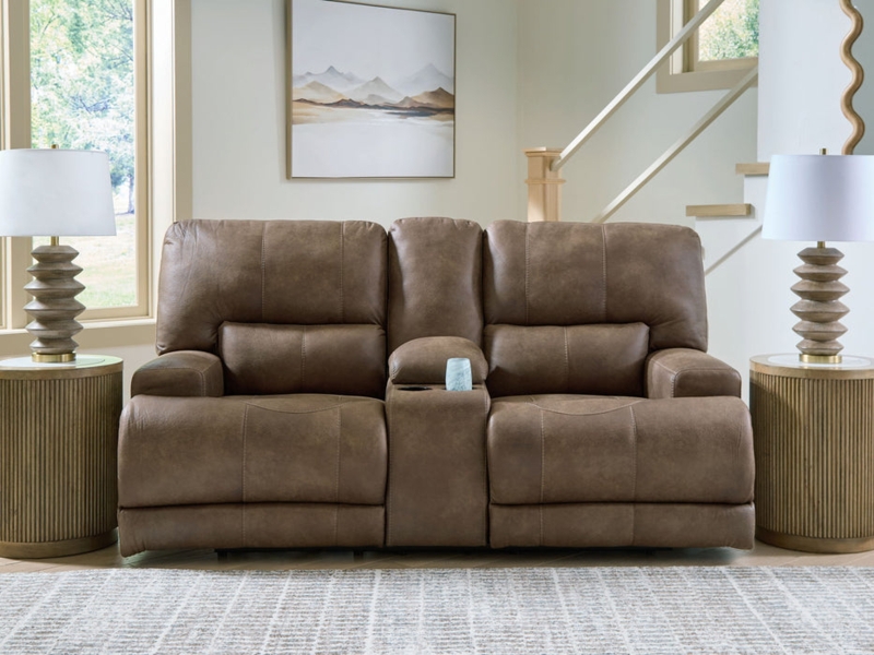 Reclining Loveseat featuring Lumbar Support and Console in Dark Brown