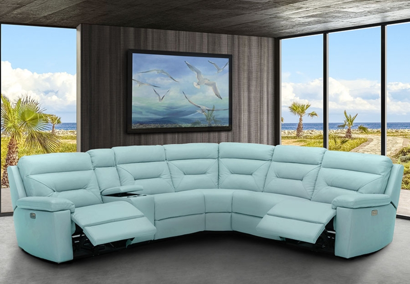 Reclining Loveseat Pastel Blue Leather Match Power Reclining Headrests