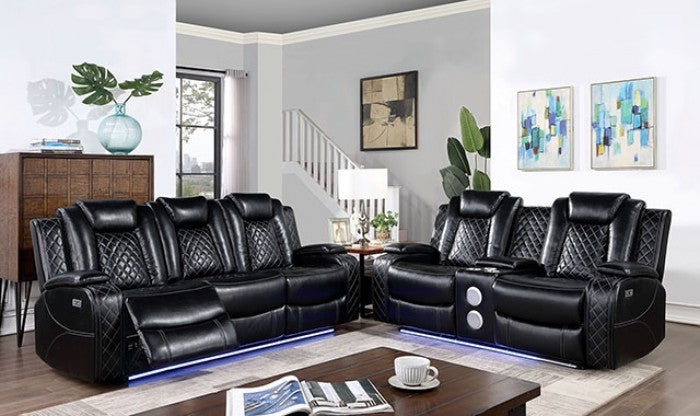 Reclining Loveseat Power Blue LED Base Console Leather-like