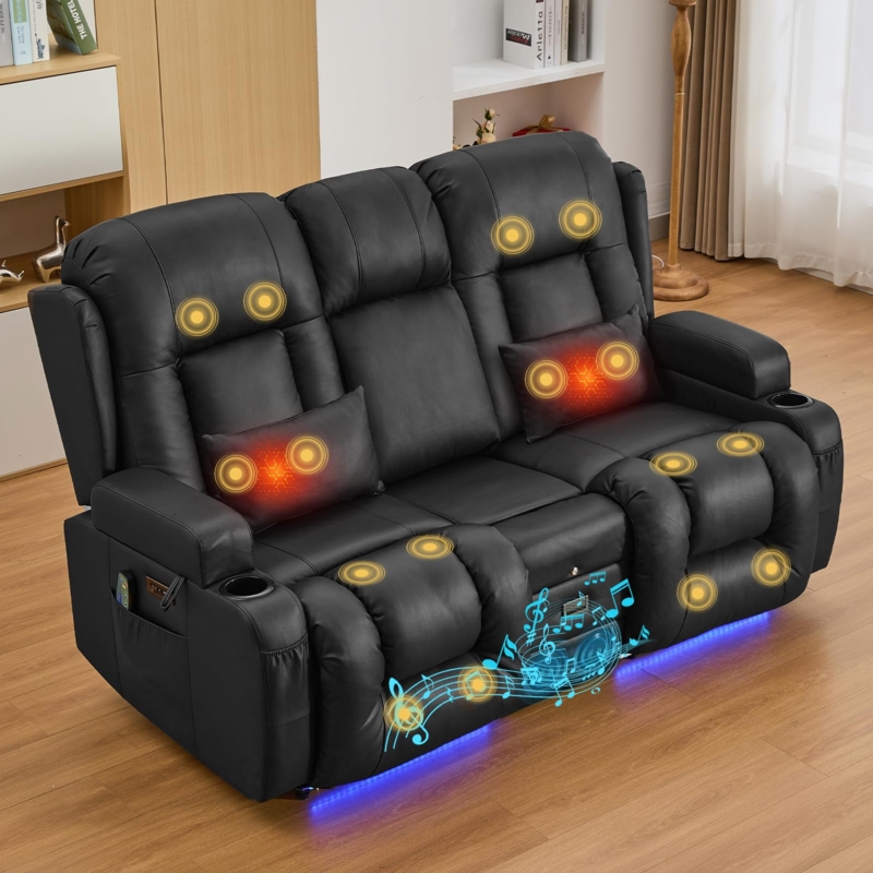 Reclining Loveseat with Blue LED Base and Integrated Speakers Black