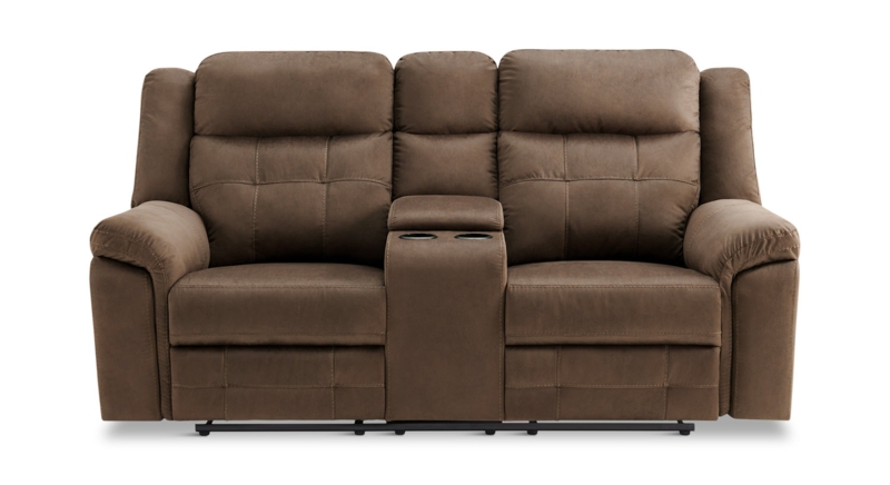 Reclining Loveseat with Console, Dark Grey Leather-Like, Cupholders Modern
