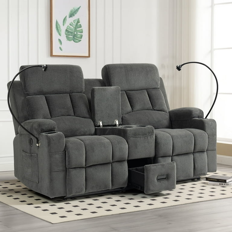 Reclining Loveseat with Grid Stitching and Four Cup Holders in Grey