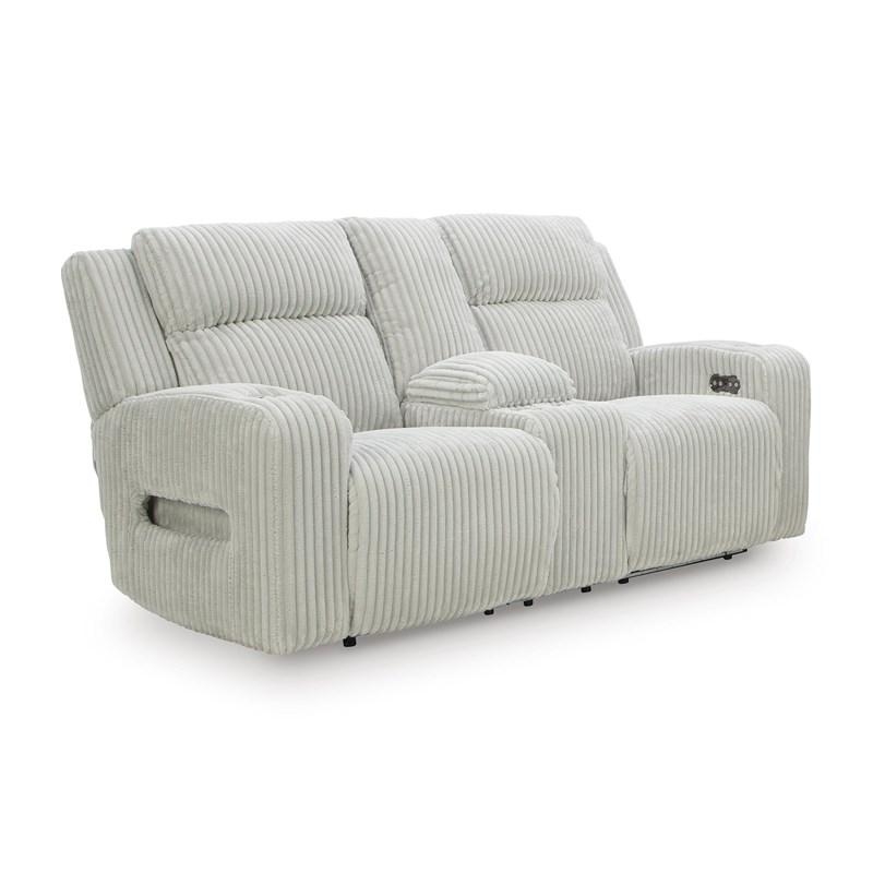 Reclining Loveseat with Vertical Channeled Stitching and Console