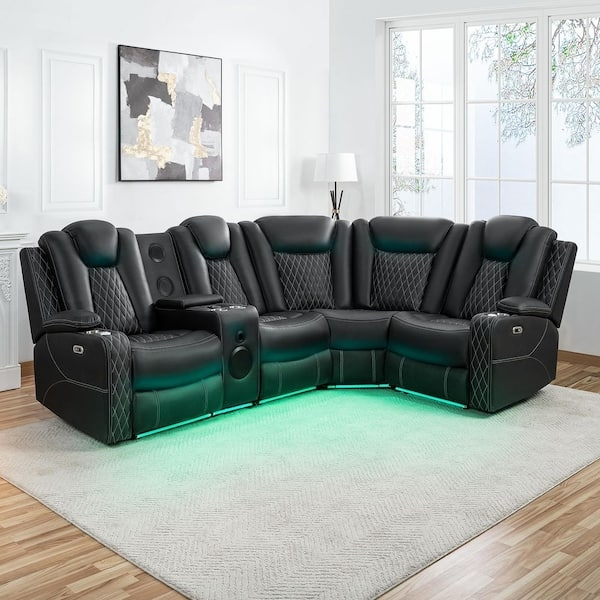 Reclining Sectional Sofa Adjustable Headrests Black Leather-Like L-Shaped