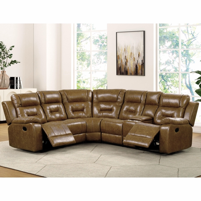 Reclining Sectional Sofa Brown Faux Leather with Storage Console