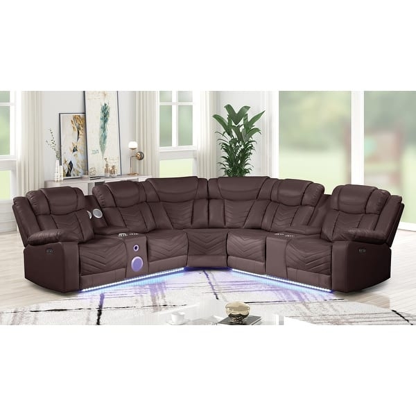 Reclining Sectional Sofa Faux Leather with Diamond Stitching Console