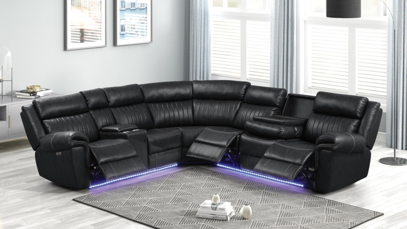 Reclining Sectional Sofa with Blue LED Lighting and Built-In Shelving