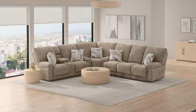 Reclining Sectional Sofa with Storage Console and Cup Holders in Dark Brown