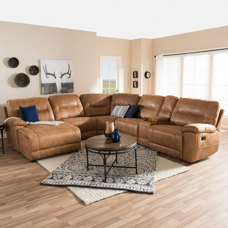 Reclining Sectional Sofa with Storage Console Light Brown Chaise