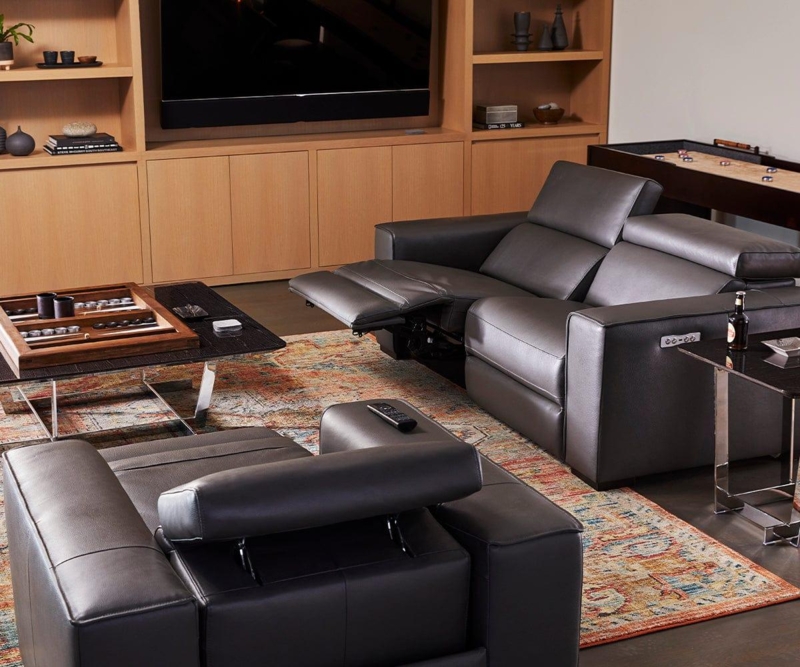 Reclining Sofa Black Leather-Look with Track Arm Silhouette