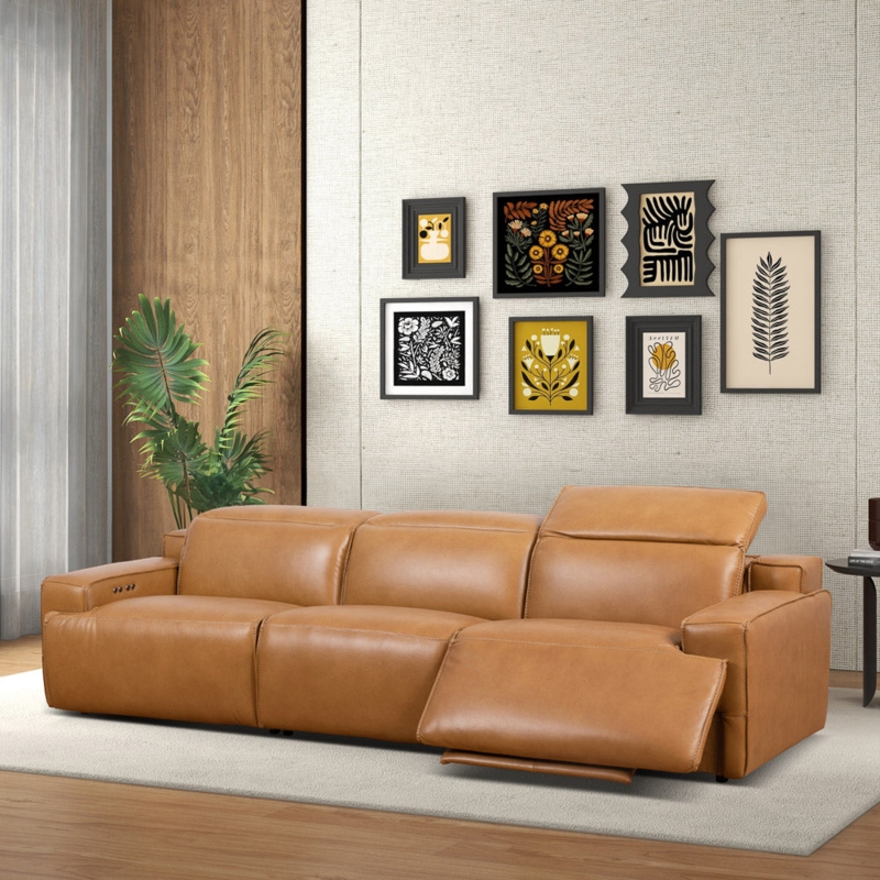 Reclining Sofa Cognac Leather-Look with Piping Detail